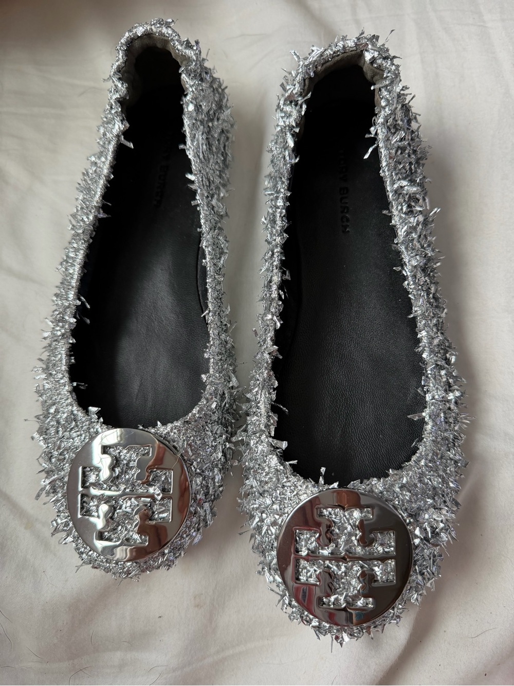 Tory Burch Silver Metallic Logo Ballet Flats